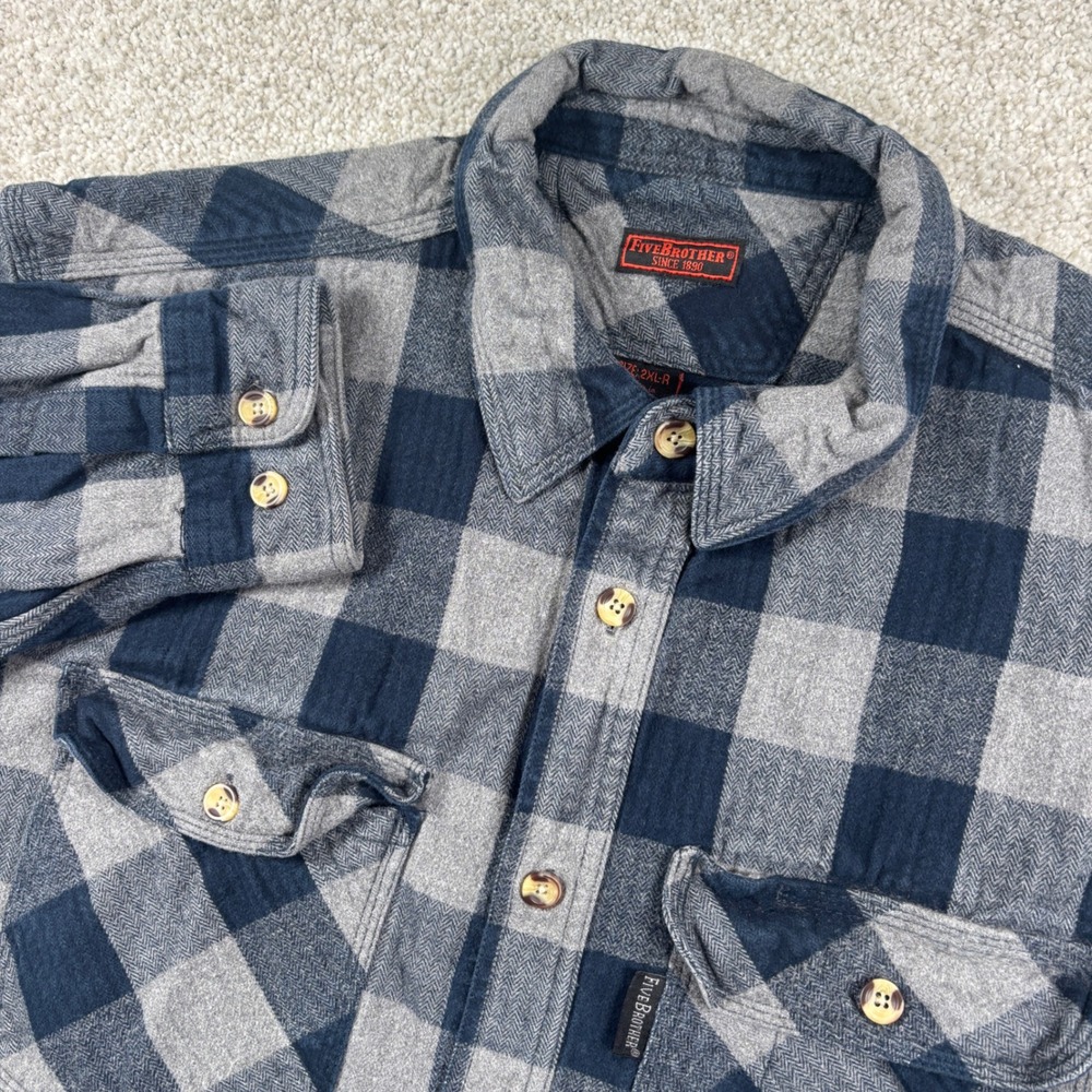 Five Brother Flannel Shirt Mens 2XL Blue Gray Buffalo Plaid Heavyweight Cotton